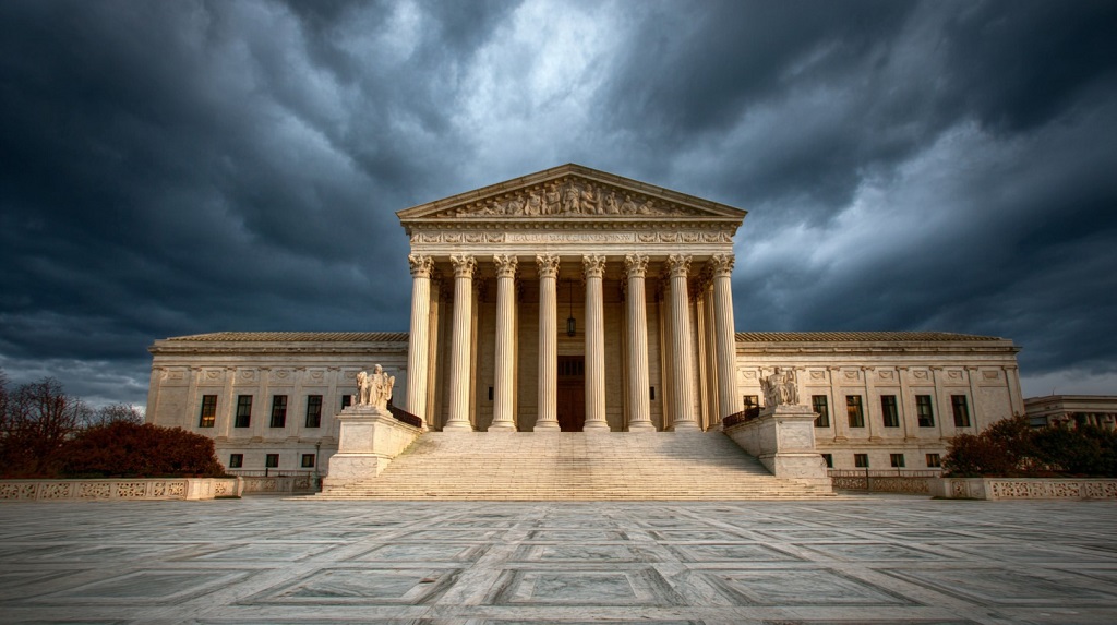 United States Supreme Court building in Washington D.C. with the American flag, symbolizing the unanimous decision in Fuld v. PLO