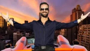 Sunset view of the city, with Russ Hanneman in a striking striped shirt