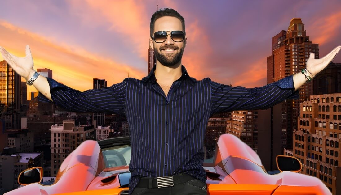 Sunset view of the city, with Russ Hanneman in a striking striped shirt