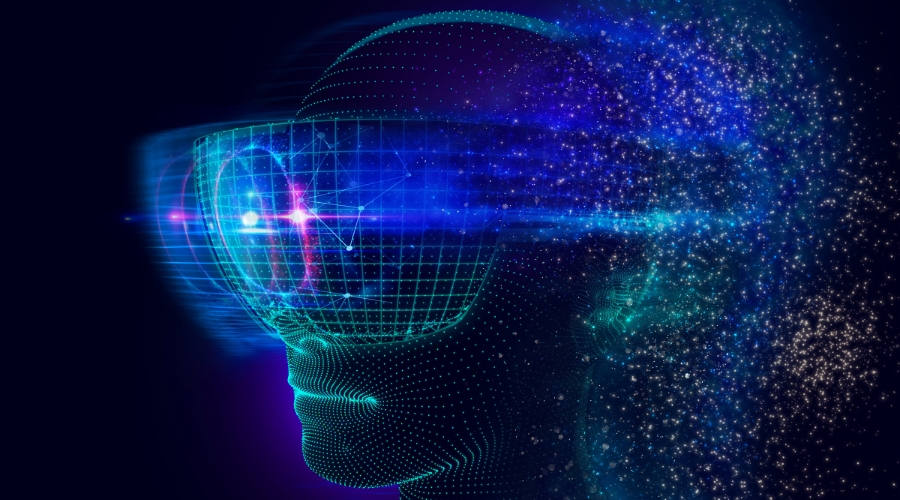 A digital illustration shows a wireframe human head wearing virtual reality goggles with glowing blue and purple light effects