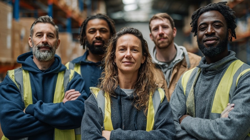 Diverse trucking community workers smiling together, showing inclusion and teamwork