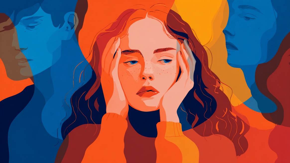 Illustration of a woman holding her head with a thoughtful expression, surrounded by blue and orange overlapping faces symbolizing conflict and contemplation