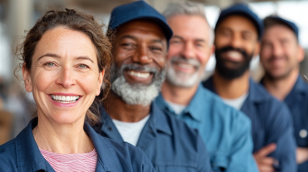 Diverse trucking community workers in warehouse, showing inclusivity in blue-collar jobs