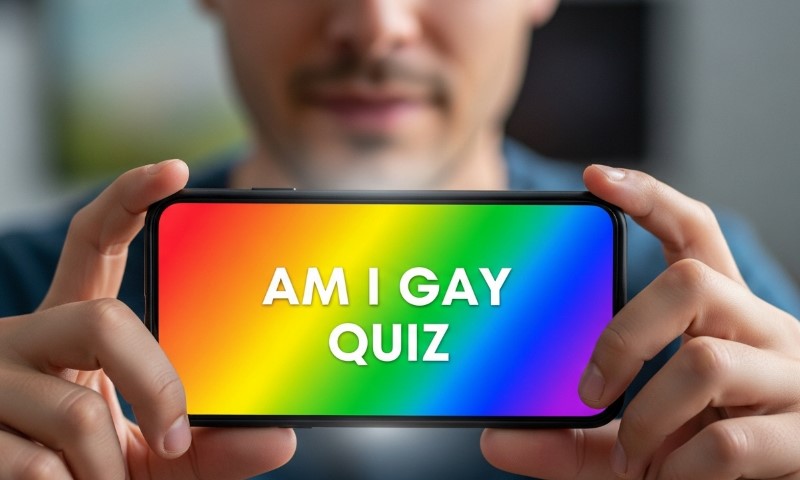 Man holding his phone with "Am I Gay Quiz" written on the screen
