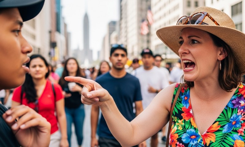 Woman with straw hat and floral top angrily points finger at man in crowded city street