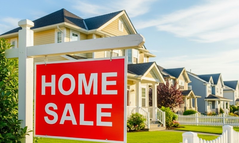 Home sale sign in front of a house