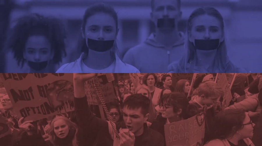 People with taped mouths above and protesters below show debates over free speech