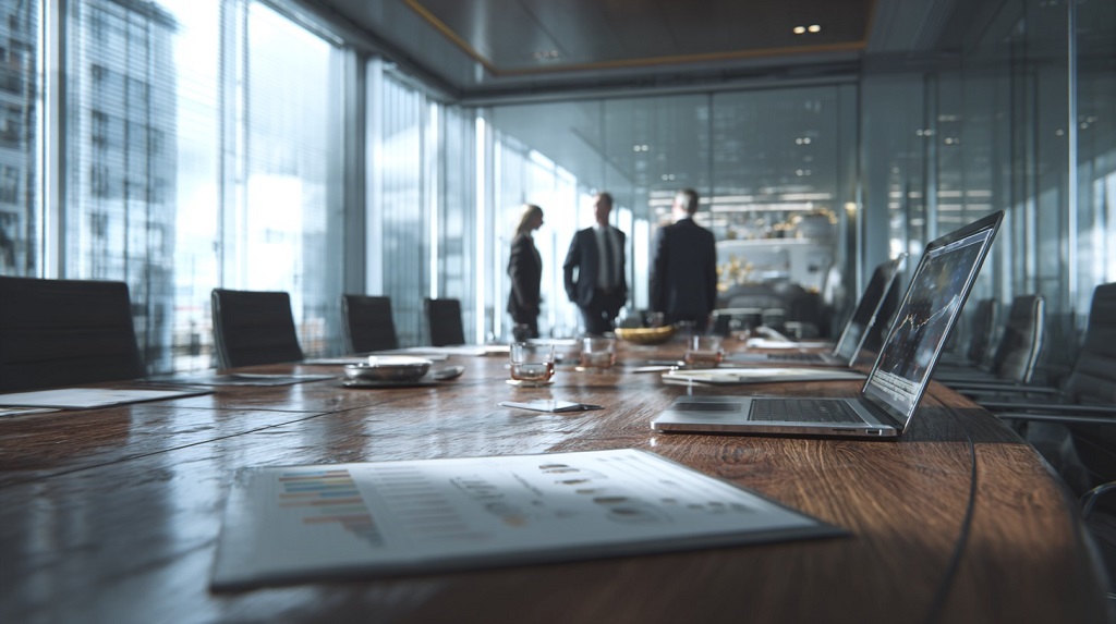 Executives reviewing documents in a modern boardroom, symbolizing companies weighing arbitration adoption