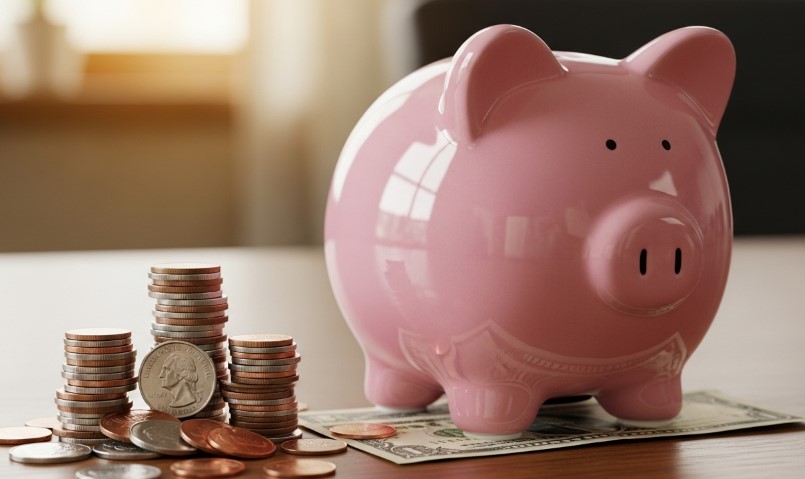 A shiny pink piggy bank sits on a dollar bill, flanked by stacks of coins, symbolizing savings
