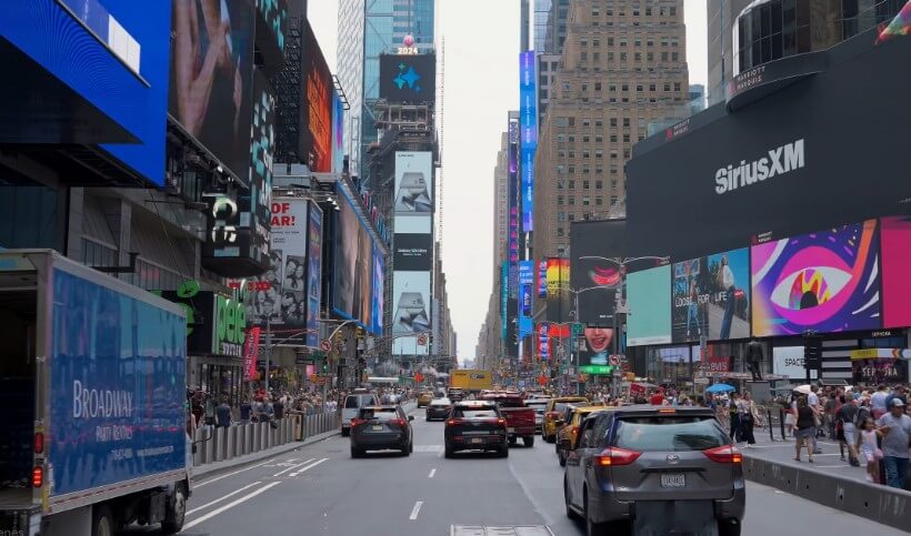 A bustling street view of Times Square, New York City