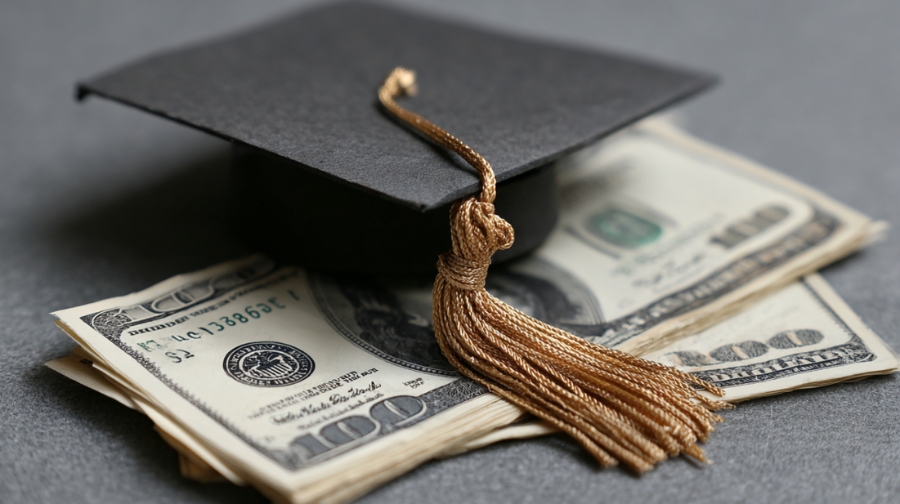 Graduation cap placed on a stack of hundred-dollar bills symbolizing student loan repayment and tax benefits