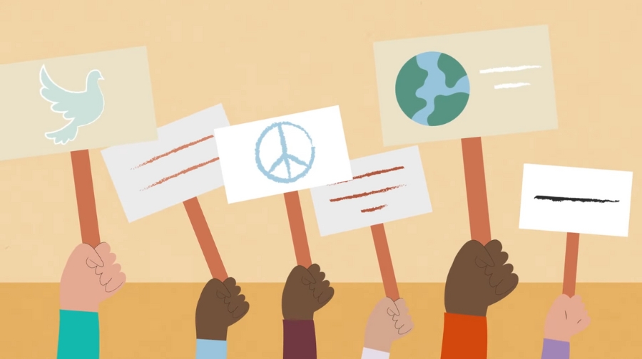Illustrated hands hold protest signs with peace and earth symbols, reflecting new debates on free speech