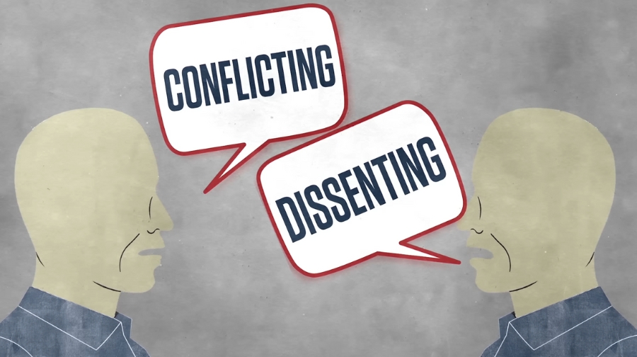 Two figures face each other with speech bubbles saying “Conflicting” and “Dissenting”