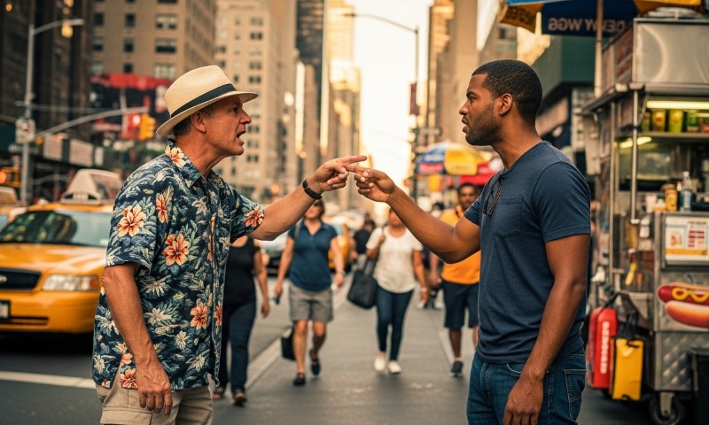 Two men having an argument in a bustling city street