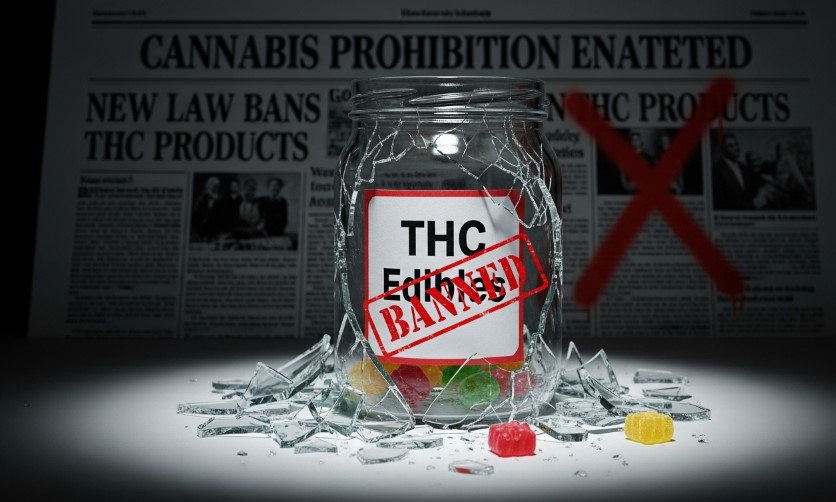 Shattered jar of banned THC edibles, symbolizing prohibition