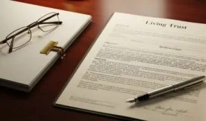 Glasses and a pen rest on a "Living Trust" document on a wooden desk