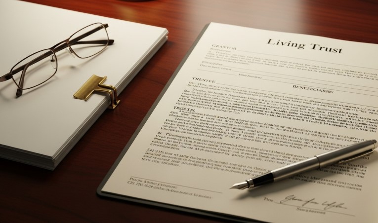 Glasses and a pen rest on a "Living Trust" document on a wooden desk