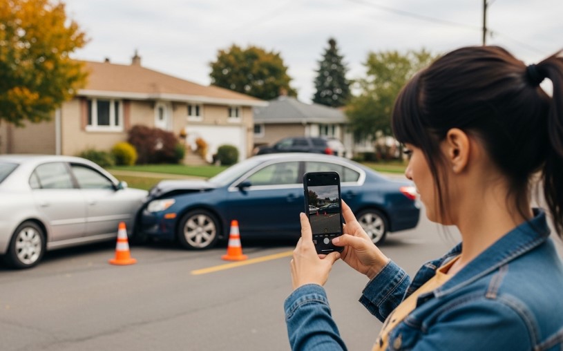 Woman taking a picture of a car accident on the street