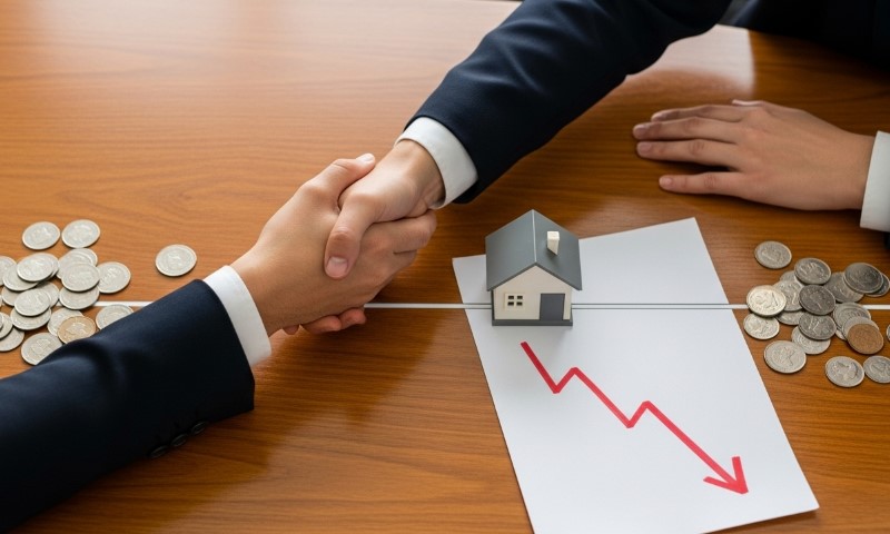 Two businessmen shaking hands over a document featuring a house illustration, symbolizing a real estate agreement