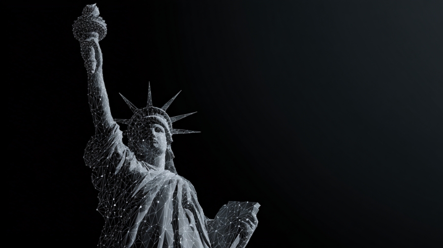 Digital wireframe of the Statue of Liberty against a dark background