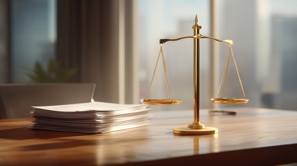 Balance scale with legal papers and corporate documents symbolizing regulatory change.