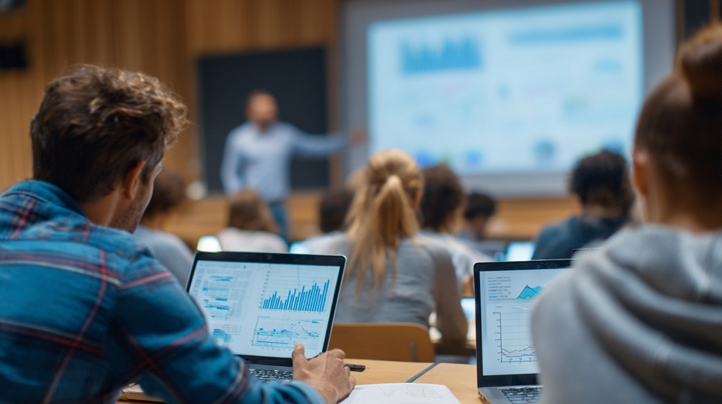 Business students at Ohio State reviewing charts on laptops with professor pointing at market data on screen