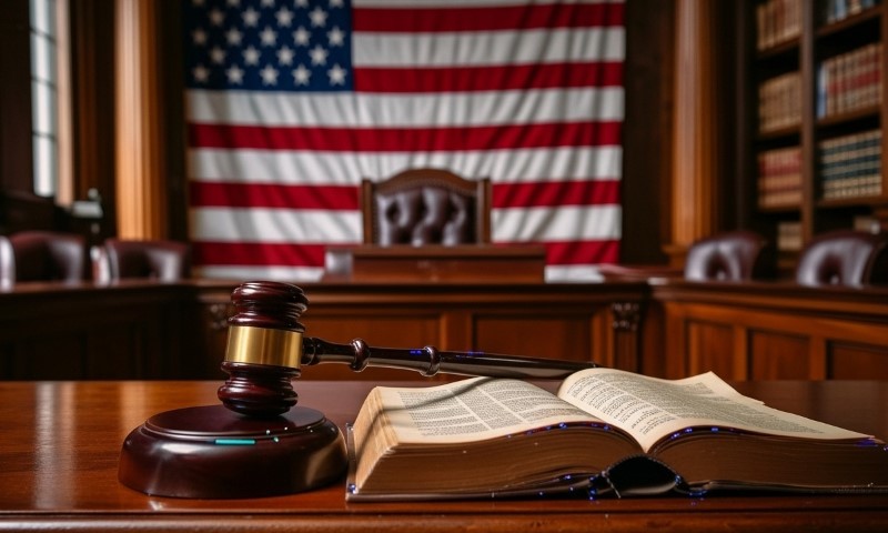 Judge's gavel and law book on courtroom table, with an American flag in the background