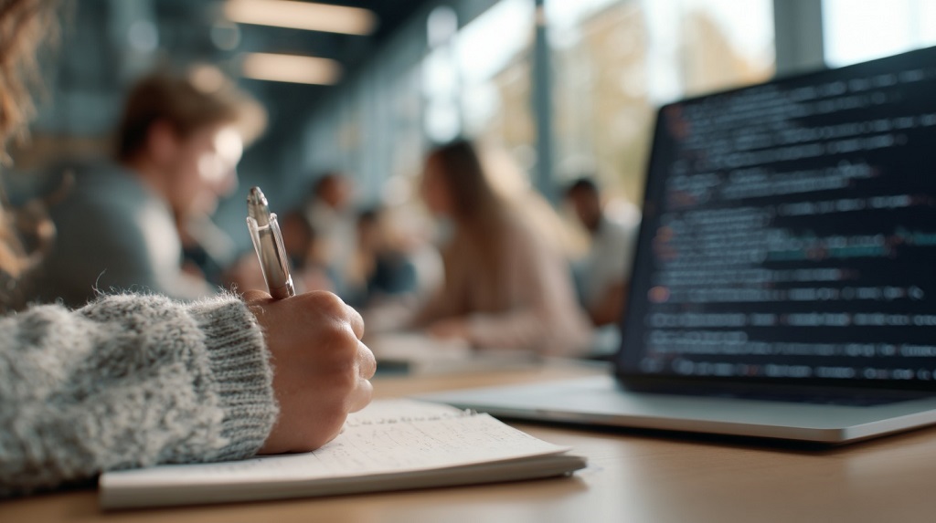 Close-up of a student writing notes while a laptop with AI code is open on the desk in a classroom