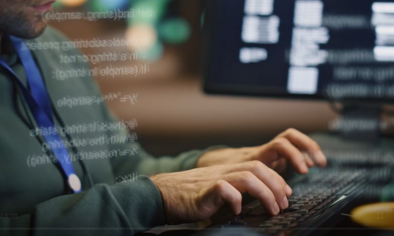 A man focused on typing on a computer keyboard