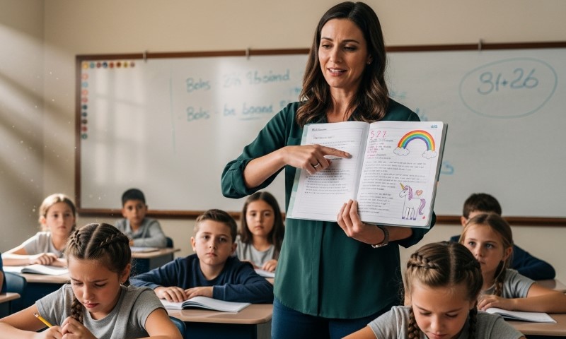 Teacher pointing to text in a student's journal featuring a rainbow and unicorn drawing