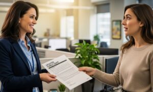 An employee hands an "Updated Family Leave" document to a colleague in a modern office setting