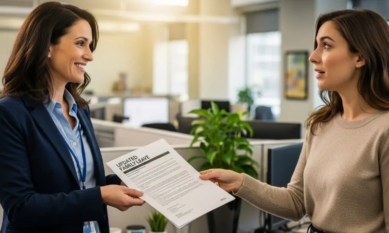 An employee hands an "Updated Family Leave" document to a colleague in a modern office setting