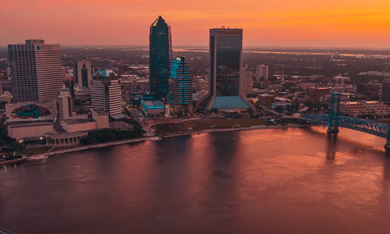 Aerial view of a beautiful sunset over Jacksonville