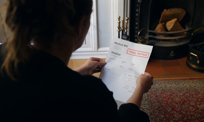A woman stands in front of a fireplace, holding a piece of paper