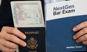 NextGen bar exam review materials displayed on a desk
