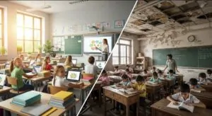 Split image contrasting a bright, modern classroom with laptops and a well-lit, rundown classroom with peeling paint and minimal resources