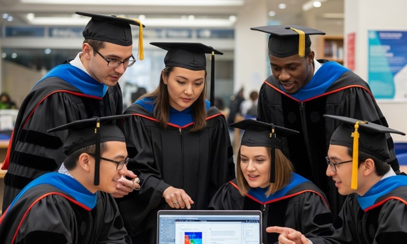 A group of graduates gathered around a laptop