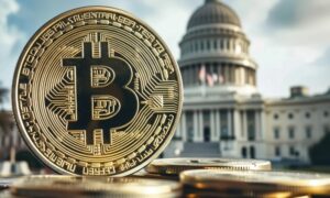 Detailed macro shot of a digital currency token set against the imposing architecture of the Capitol dome