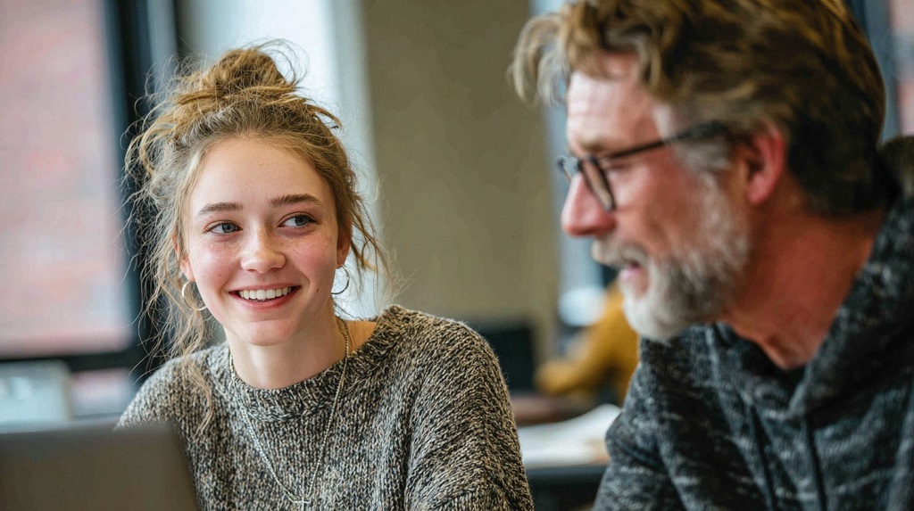 Close-up of an Ohio State student and professor looking at a laptop during class discussion about AI integration in education