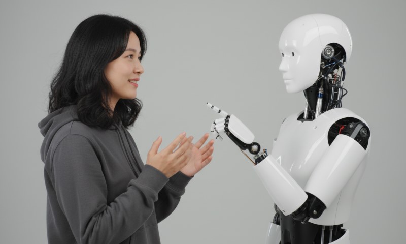 Woman in grey hoodie gesturing while talking to a white humanoid robot