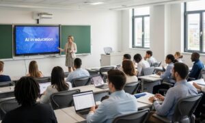 A woman presents to a classroom filled with attentive students