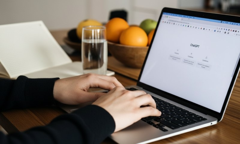 Hands typing on a laptop displaying the ChatGPT interface, next to a glass of water and fruit bowl