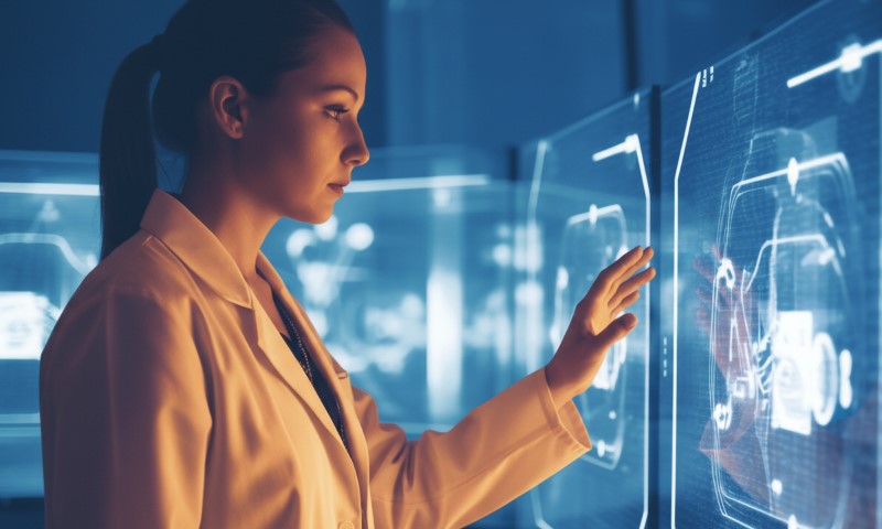 Scientist interacting with a glowing blue holographic interface