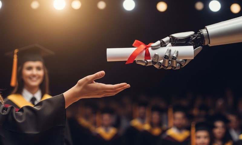 A robot presents a diploma to a graduate