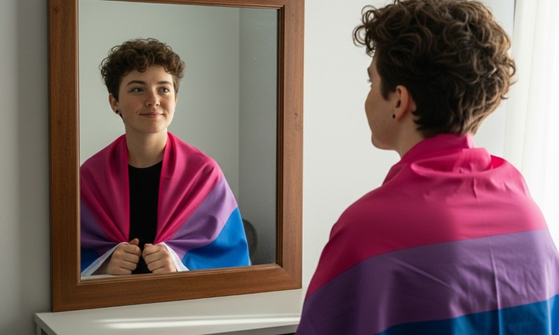 Young person with curly hair wrapped in a vibrant bisexual pride flag, smiling confidently into a wooden-framed mirror