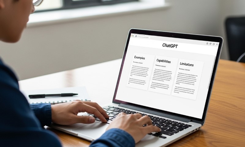 Close-up view of hands typing on a laptop displaying the ChatGPT interface on a wooden desk