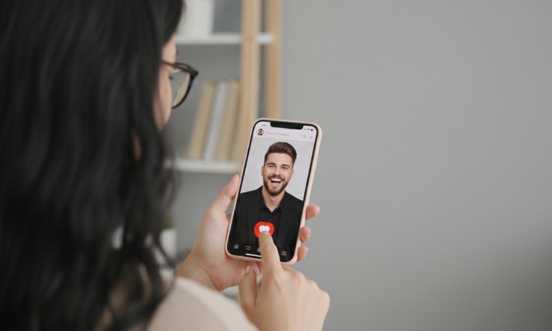 A woman holds her phone displaying a man on the screen