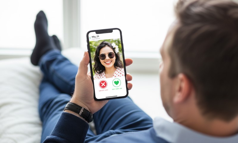 Man looking at a dating app on his smartphone