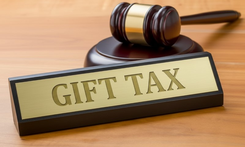 Gift Tax placard with a wooden gavel resting on a sound block on a polished wood surface