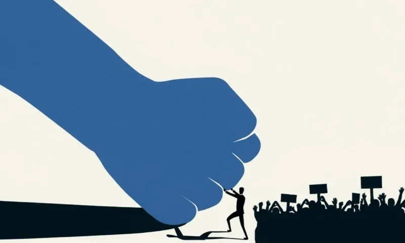 Silhouette of a massive blue fist bearing down on a single protester standing before a cheering crowd with signs